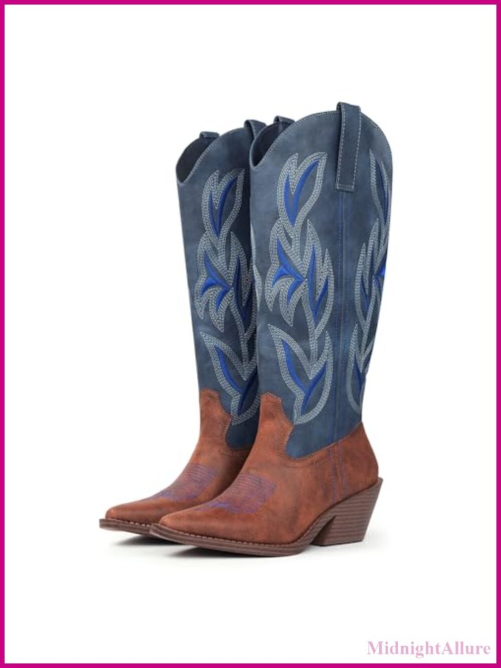 Knee High Snip Toe Cowboy Boots Faux Leather Block Heel Western Boots